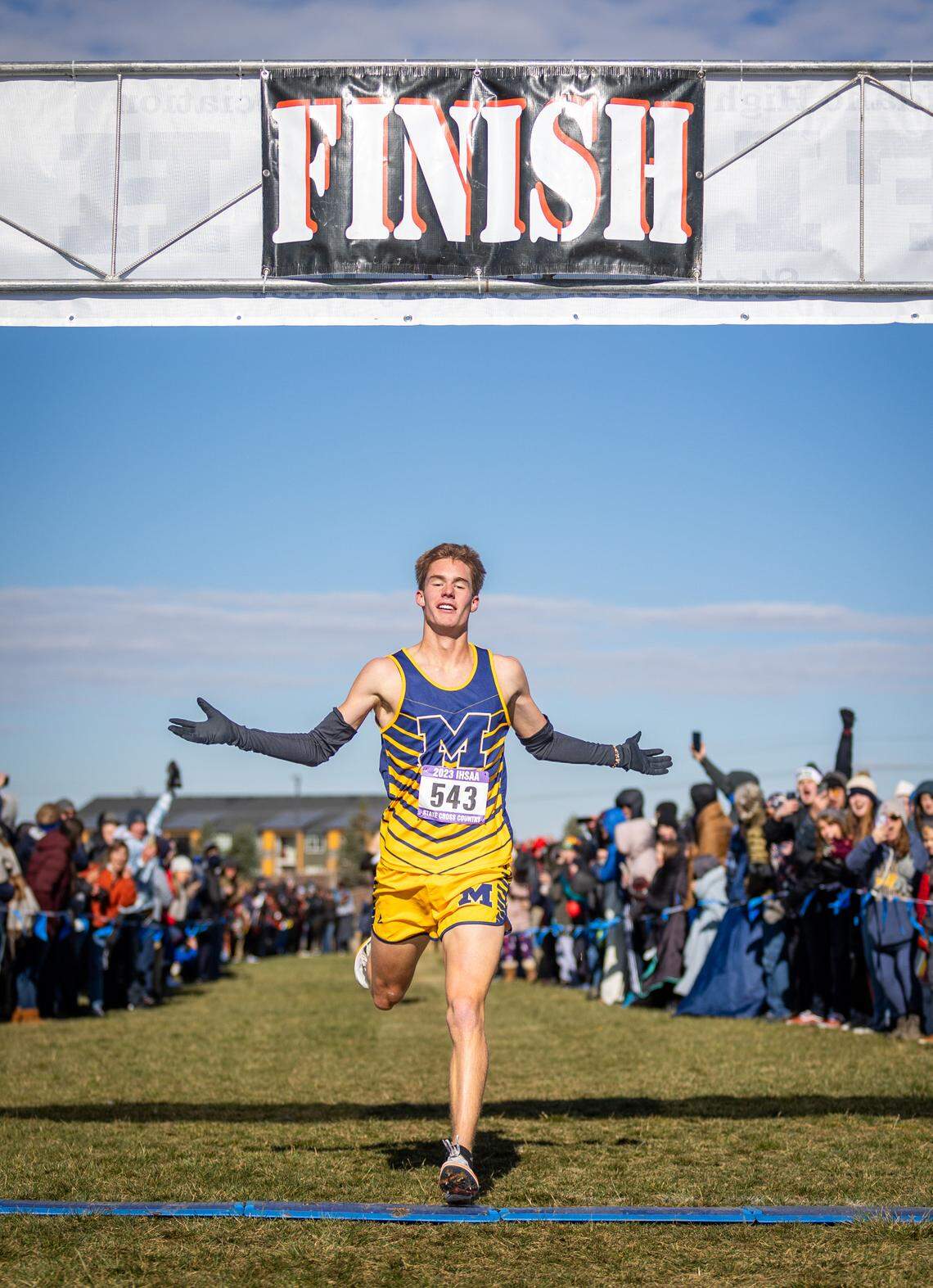 Meridian junior Nate Stadtlander finishes first at the 5A boys cross country state championships with a time of 15 minutes, 12.82 seconds on Saturday at the Portneuf Wellness Center in Pocatello.