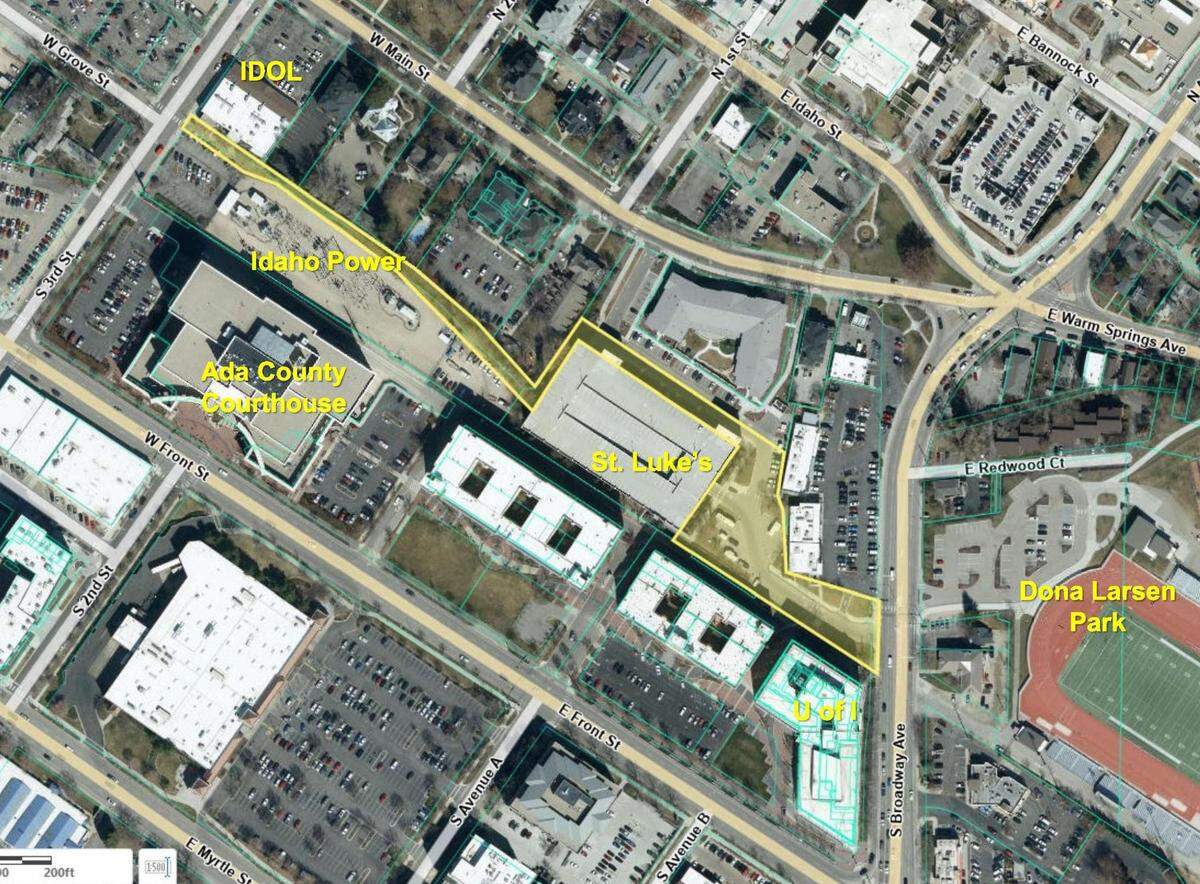 Boise’s urban renewal agency, Capital City Development Corp., greenlit next steps for a multi-use pathway connecting the street to Broadway Avenue and Dona Larsen Park on Aug. 14. The path will follow the area outlined from the upper left to the lower right of this map.