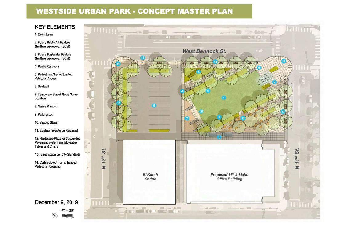 The planned Westside Urban Park at North 11th and West Bannock streets in downtown Boise.