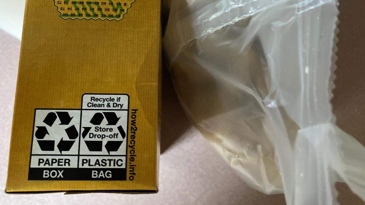 Check the packaging on products you buy, such as boxes of cereal, to see what they say about recycling options. This box offers recycling guidance for the box itself and the plastic bag inside. 
