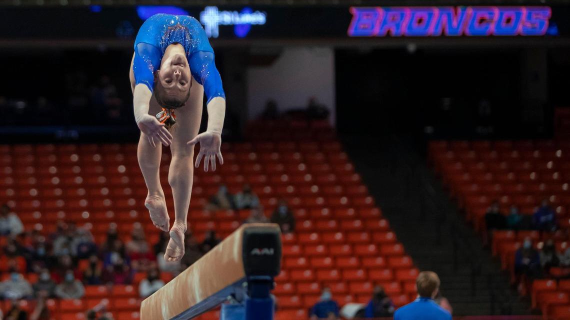 Boise State gymnast Talia Little competes on the balance beam in the Broncos’ home opener against No. 20 Southern Utah on Friday at ExtraMile Arena.