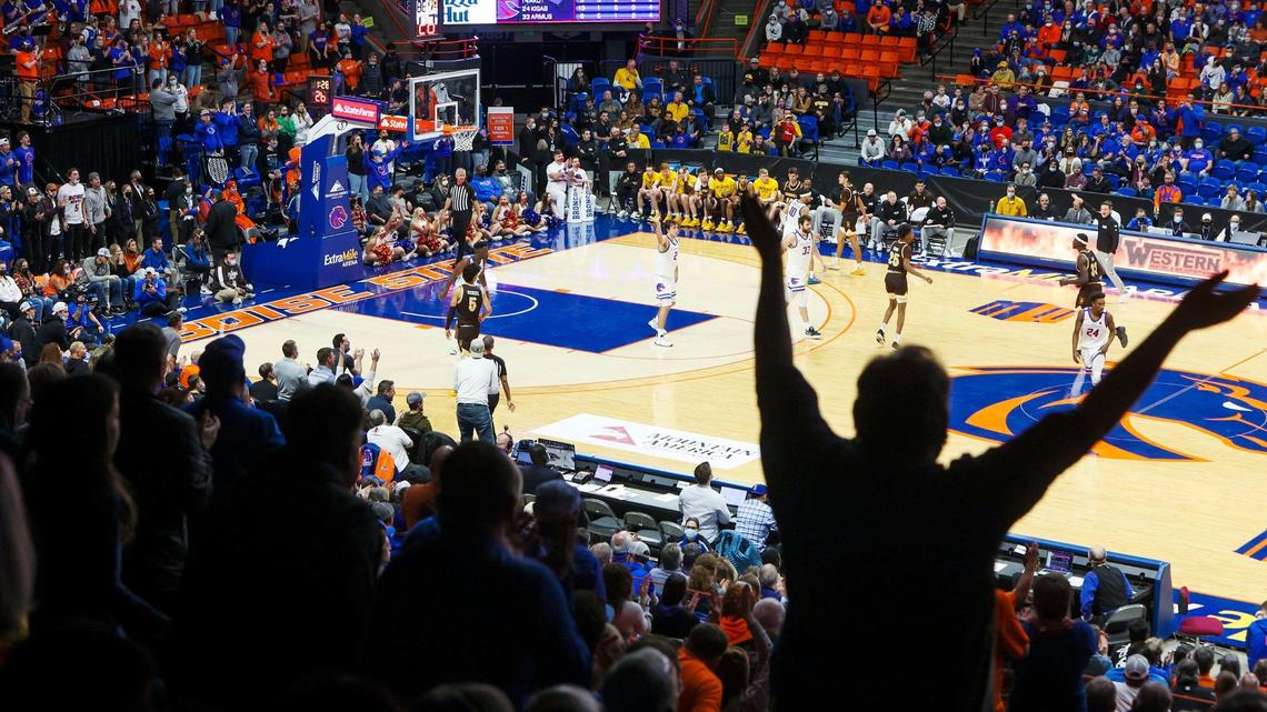 Boise State fans cheer on the Broncos against Wyoming on Jan. 25 at ExtraMile Arena in Boise.