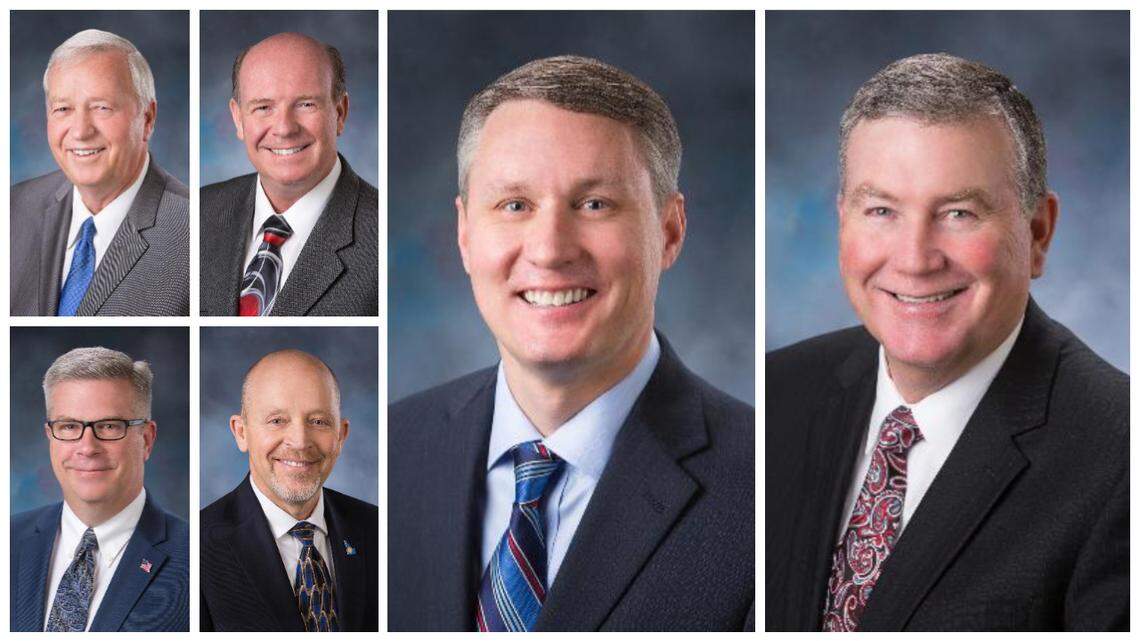Idaho House and Senate Republicans in expected leadership races ahead of the 2019 session include Reps. John Vander Woude of Nampa and Mike Moyle of Star, upper left; Sens. Todd Lakey of Nampa Steve Vick of Dalton Gardens, lower left; and Reps. Brent Crane of Nampa and Scott Bedke of Oakley, right.