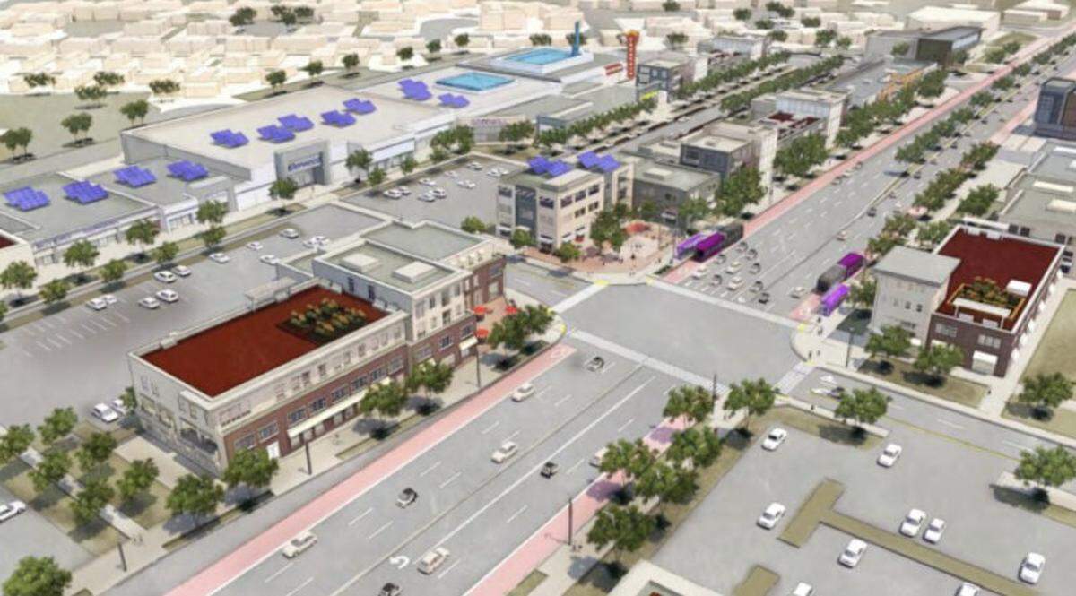 A rendering shows the proposed Glenwood node near the Northgate Shopping Center, near the intersection of State with Glenwood Street and Gary Lane.