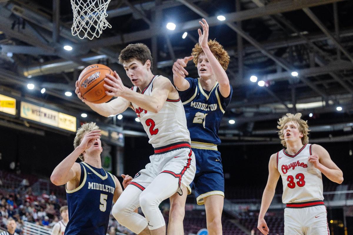 Owyhee junior Jackson Rogers fights for a rebound Thursday in the first round of the 5A boys basketball state tournament.