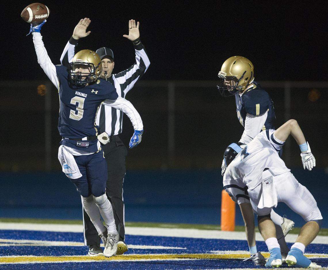 Middleton’s Austin Stebly intercepts a pass in the Vikings’ end zone during last season’s 4A state semifinal against Skyline. He’s one of six returning defensive starters for the Vikings.