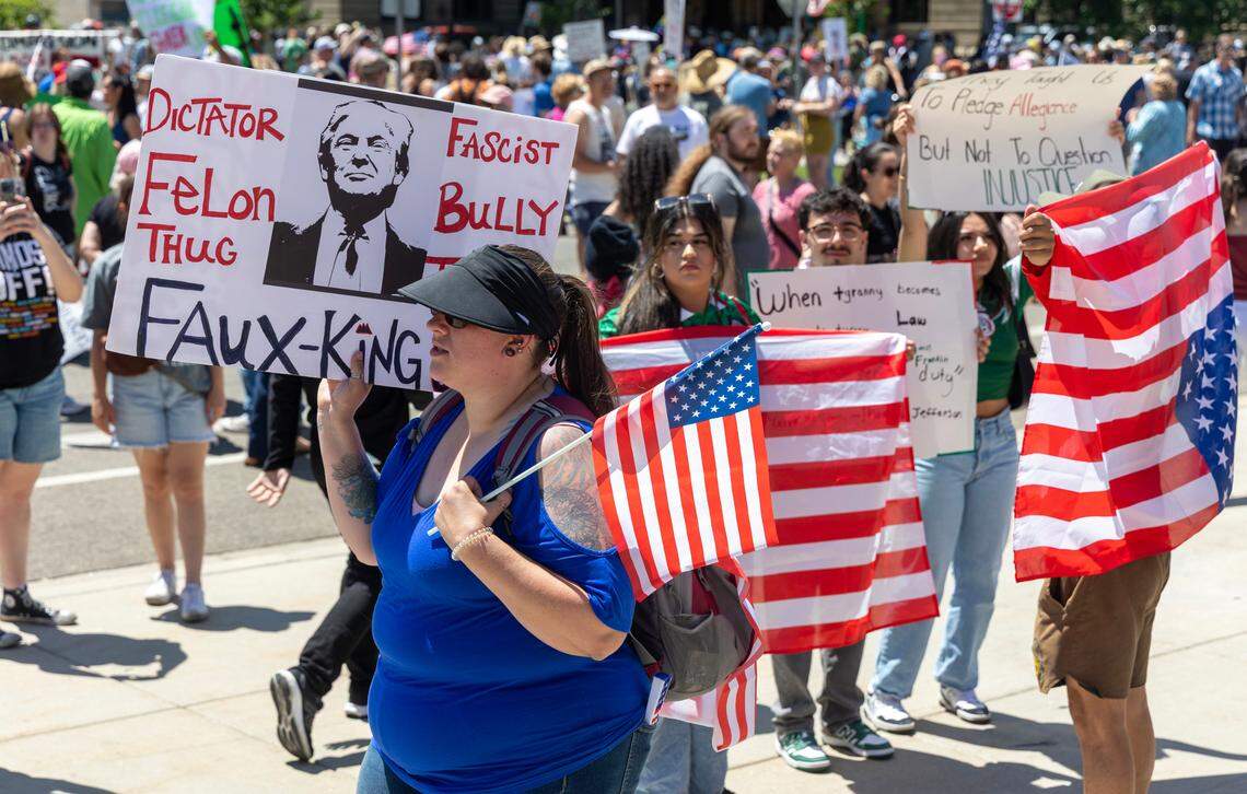 Thousands of protesters gathered outside of the Idaho Capitol Building in Boise Saturday, June 14, 2025 as part of the national “No Kings” protests against President Donald Trump and his administration.