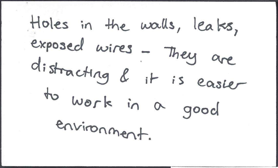 ProPublica and Idaho Statesman reporters asked students to write what they liked about their buildings, what they would change and the impact issues had on them. This response came from Leila Guffey, a senior at Kamiah High School.