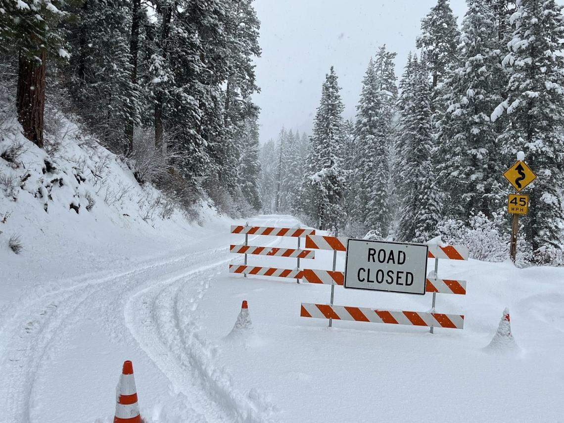Closure signs put up by the Idaho Transportation Department on State Highway 21 for the potential of avalanches.