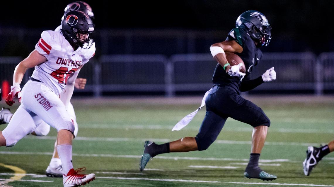 Eagle senior Ian Duarte returns a fourth-quarter punt 67 yards for a touchdown against Owyhee on Friday night, leading the Mustangs to a 27-7 victory.