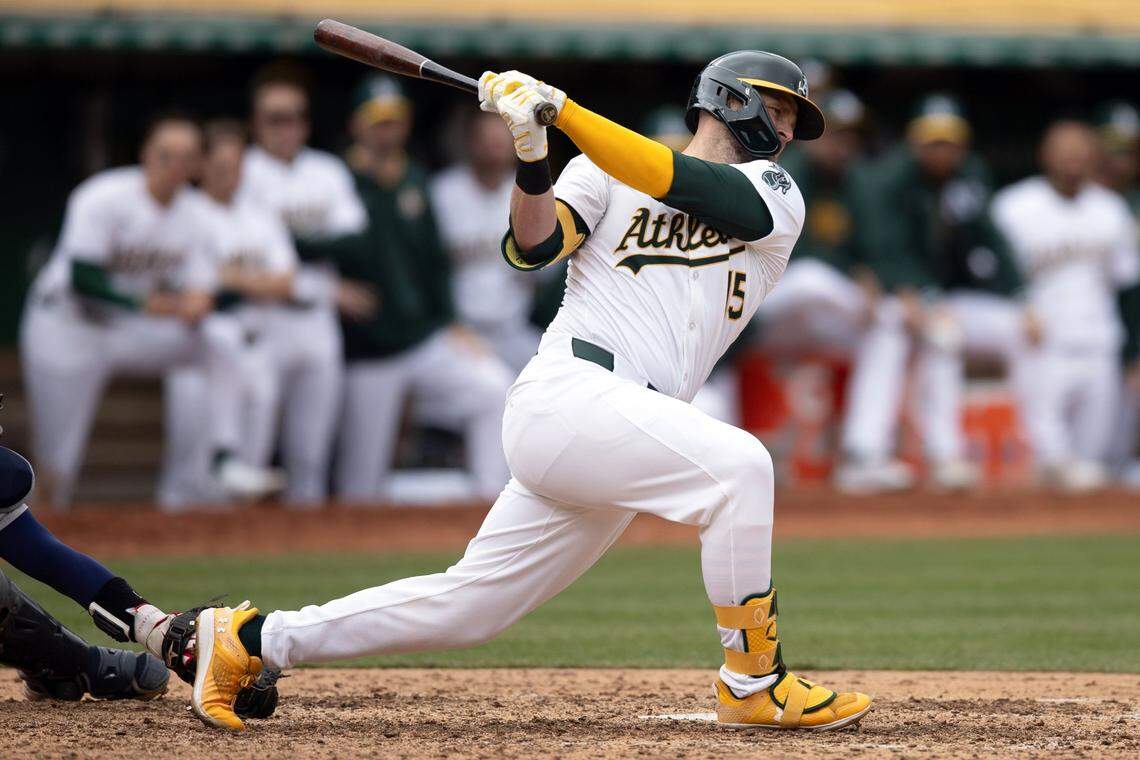 Apr 3, 2024; Oakland, California, USA; Oakland Athletics right fielder Seth Brown (15) strikes out to end the eighth inning against the Boston Red Sox at Oakland-Alameda County Coliseum. Mandatory Credit: D. Ross Cameron-USA TODAY Sports