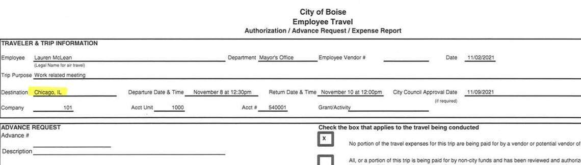 A travel request by Boise Mayor Lauren McLean for a trip to Chicago in November 2021. The official reason is listed as “work-related meeting.”
