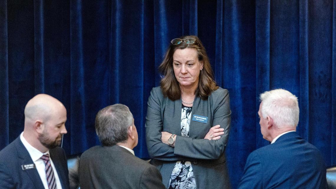 Rep. Megan Blanksma, R-Hammett, meets with other representatives before the start of the House session in February, before she was ousted as House majority leader.