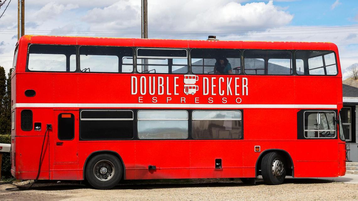 Angie and Dustin Mori drive their first double-decker bus around the Treasure Valley to events as a mobile espresso shop.