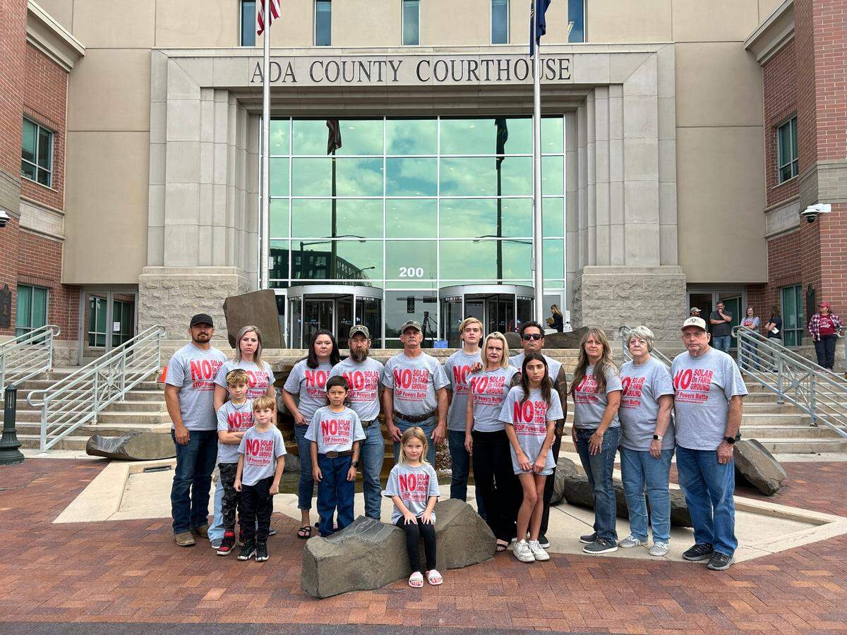 Community members who opposed the development of a solar farm near Kuna gather outside the Ada County Courthouse after a hearing on the proposal in July. The group has mobilized again around the county’s proposed zoning code amendments.