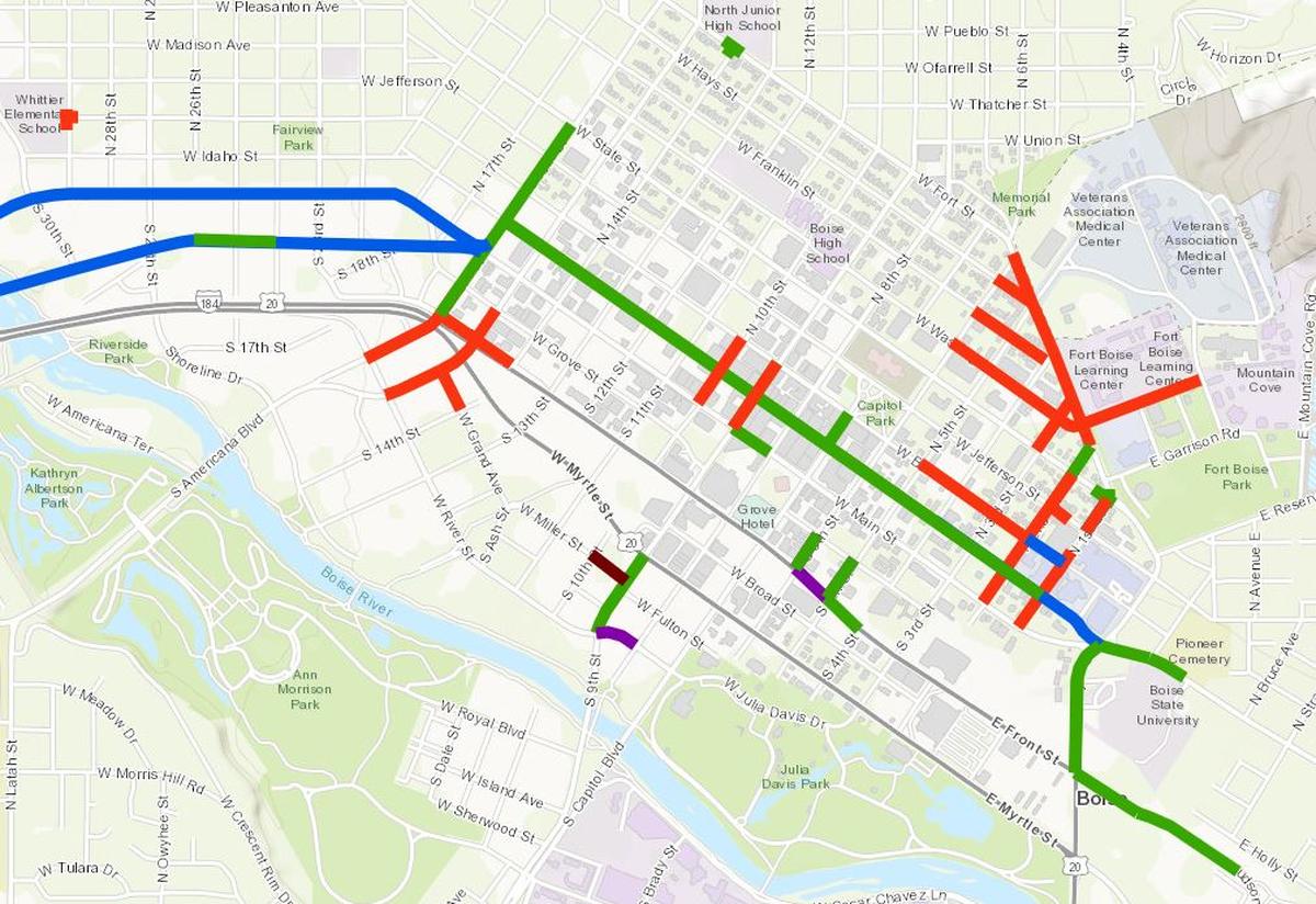 A current ACHD map taken from its website shows the various projects. Red is a road closure; green means lane restrictions; blue means lane restrictions are coming; and maroon indicates a pending closure.