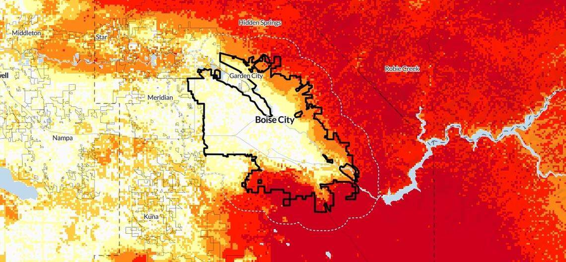 A wildfire map from the U.S. Department of Agriculture shows homes in the south, east and north of Boise as most at risk of wildfire, with a line circling Boise’s city limits. The darker the shading, the higher the risk to homes. The three subdivisions are at the bottom right of city limits, in dark red.