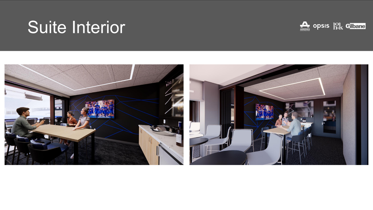 A rendering of a suite in the north end zone, featuring indoor and outdoor seating and privacy windows that allow light to flow into the lounge area behind.