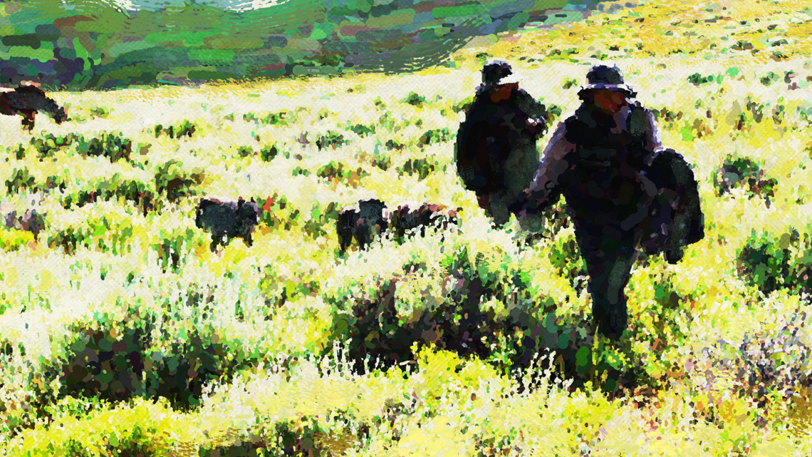 Two Peruvian sheepherders return from a day spent tending sheep in the mountains of Idaho, with three dogs in tow and a horse grazing in the background.
