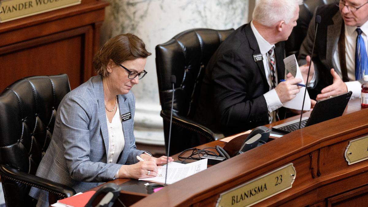 House Majority Leader Megan Blanksma, R-Hammett, looks over a document during the House session on Wednesday, March 16, 2022. Blanksma is sponsoring Gov. Brad Little’s proposal to create grants targeting in-demand careers.