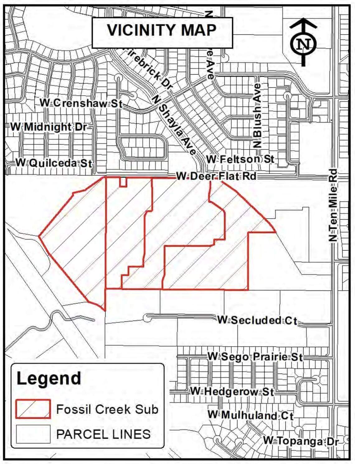 The 67-acre Fossil Creek subdivision would be located near the southwest corner of Deer Flat and Ten Mile Roads.