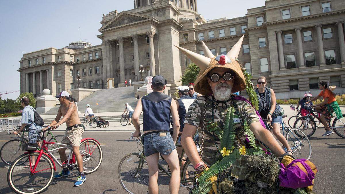 John Drynan of Boise got right to the point with his goathead helmet at the inaugural Boise Goathead Fest bicycle parade and party in 2018.
