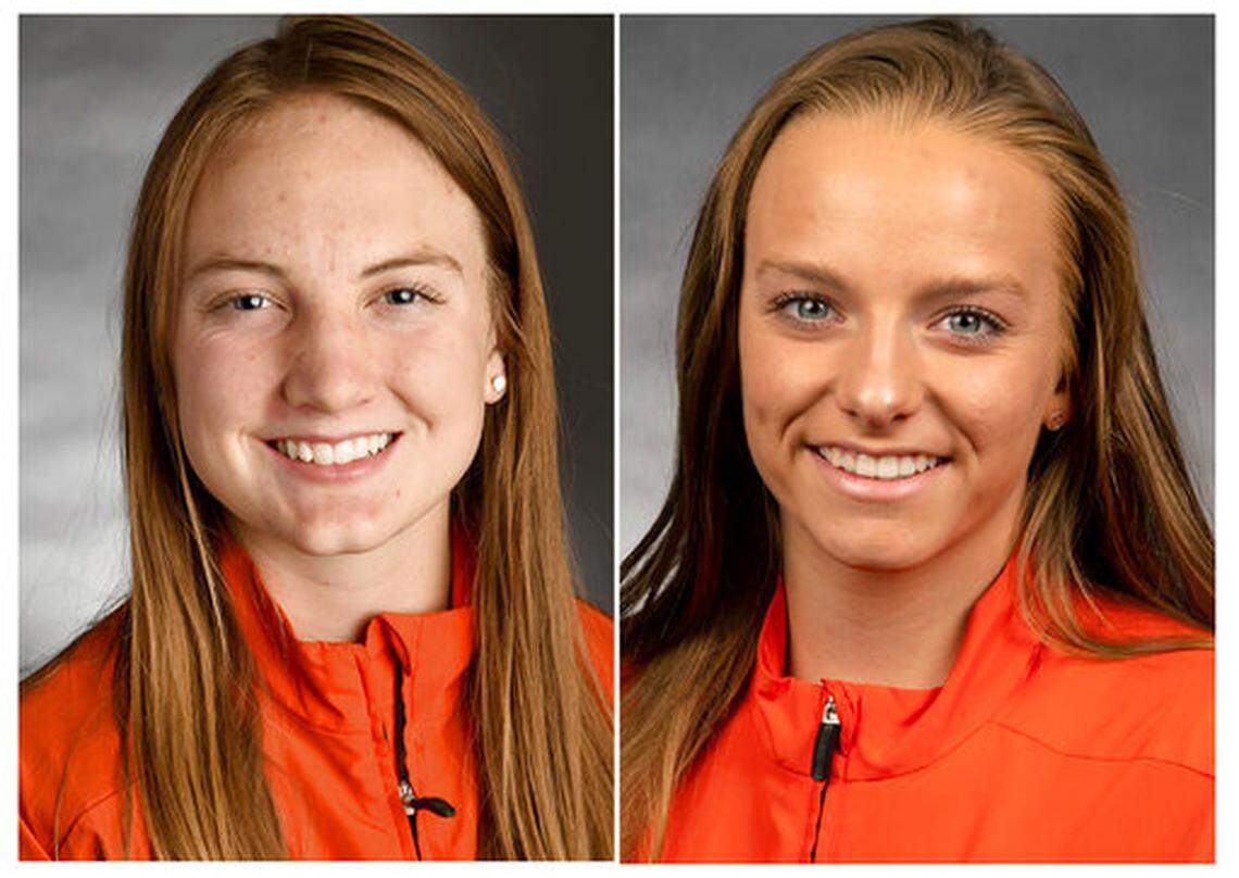 This photo provided by Idaho State University shows, from left, Mary Marshall, 20, of Twin Falls, Idaho, and Madison Kenyon, 19, of Johnston, Colo., two female track athletes who asked a federal judge to dismiss a lawsuit challenging a new state law banning transgender women from competing in women’s sports. It’s the first such law in the nation. Attorneys for the two athletes filed a request Tuesday, May 26, 2020 to side with Idaho in fighting the lawsuit. The American Civil Liberties Union and Legal Voice filed the lawsuit in April.