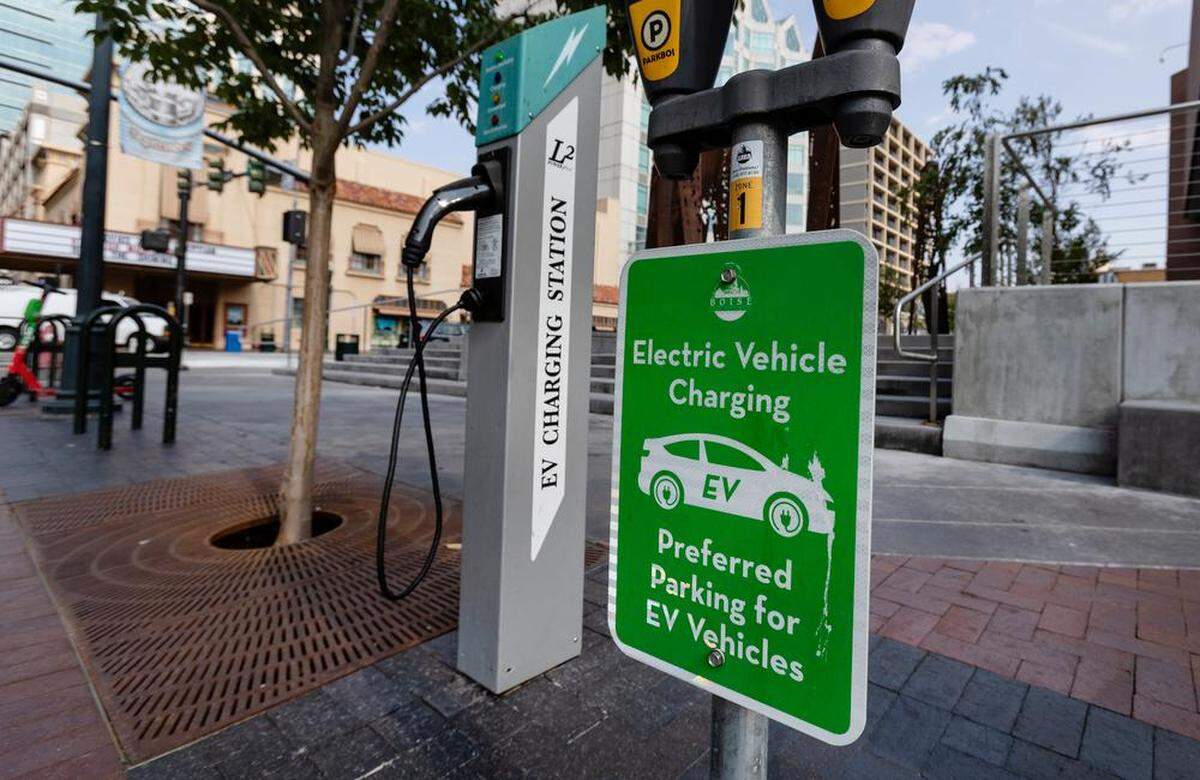 A parking spot adjacent to Boise City Hall is also a charging station for electric vehicles. The city is trying to roll back EV requirements. 