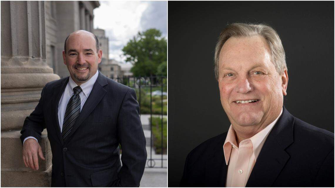 Democrat Aaron Swisher, left, is challenging 11-term incumbent Republican Rep. Mike Simpson in Idaho’s 2nd Congressional District.