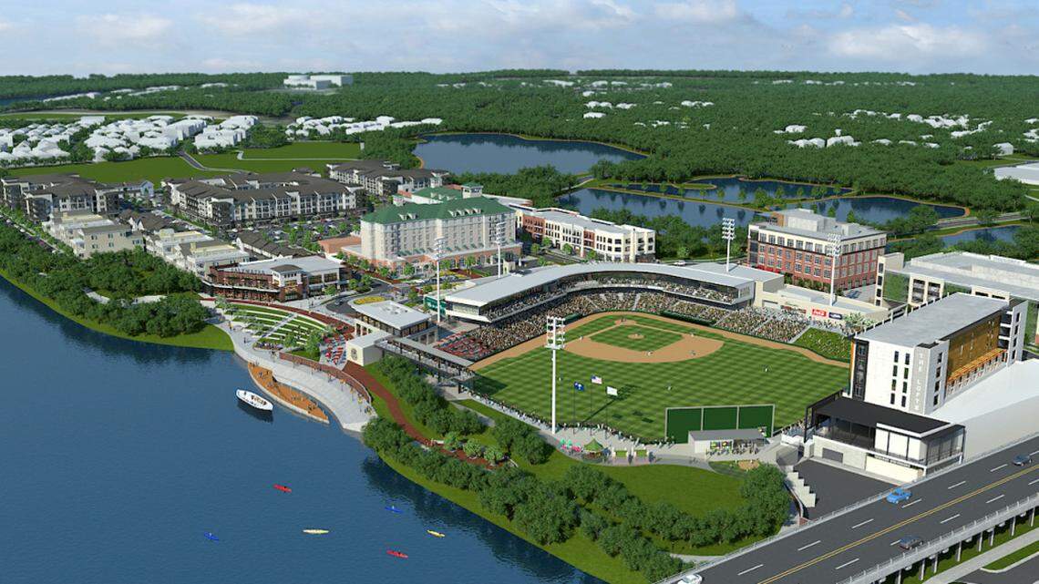 This artist’s rendering shows a stadium and surrounding buildings that Atlanta’s Greenstone Properties is developing on the Savannah River in North Augusta, South Carolina, four miles from the site of the Augusta National annual Masters golf tournament. The stadium will house the Augusta GreenJackets minor-league baseball team. Greenstone is attempting to develop a similar project east of the Boise River in Boise’s West End.