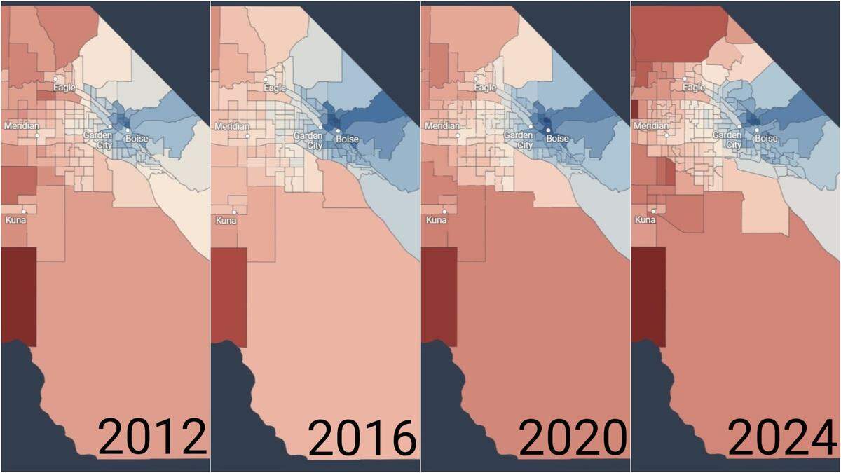 Ada County presidential election results from 2012 through 2024 show increasing support for the Republican Party in the northwestern, eastern and southern parts of the county. The redder a precinct is, the more votes cast there for the Republican candidate. The bluer it is, the fewer votes cast for a Republican.