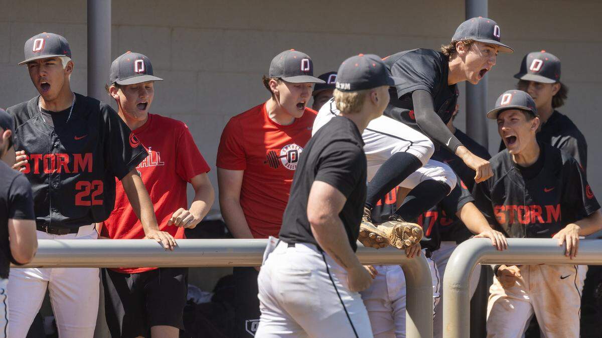 The Owyhee dugout reacts to the Storm's 6-1 win over Rigby in the 6A baseball regional tournament championship game, Saturday, May 9, 2026, held at Owyhee.