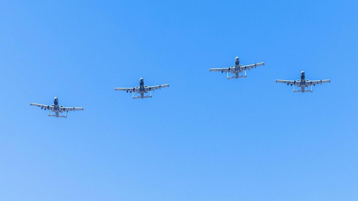 A-10 Thunderbolt II aircraft perform a flyover during the change of command ceremony held at Gowen Field on Tuesday.