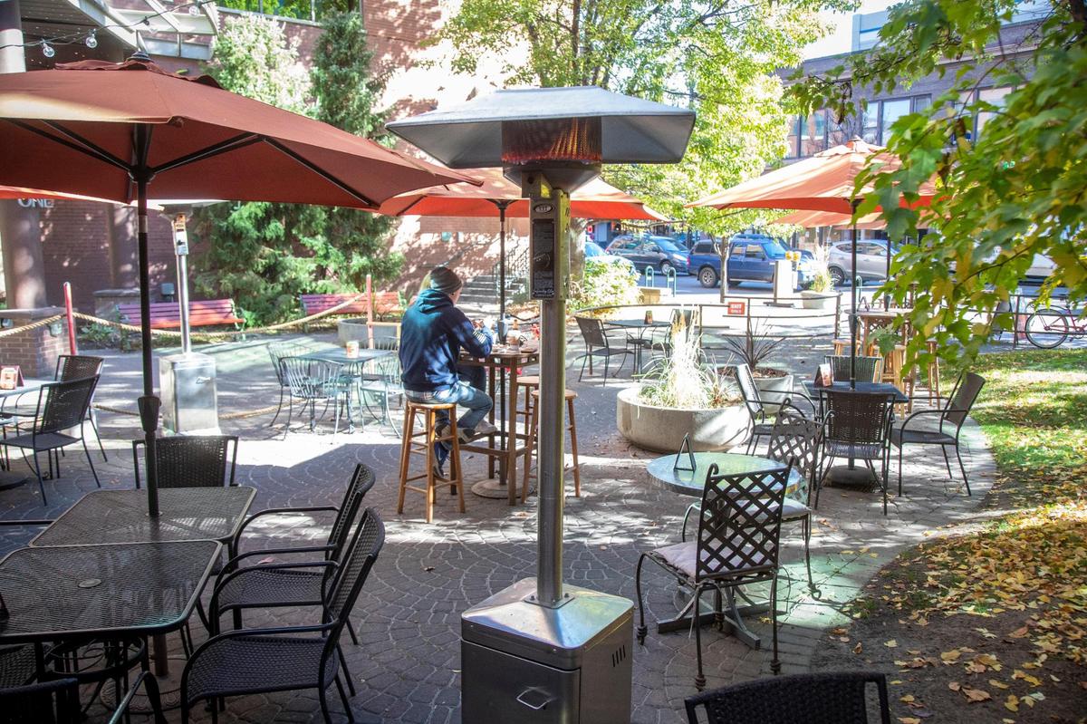 Bacon has an outdoor patio with a fire pit, plus 30 feet of overhead heating and standing heaters to keep diners toasty outdoors.