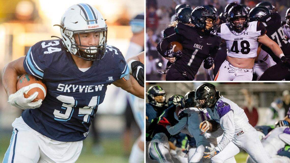 Clockwise from top left, Skyview’s Atonio Fifita, Eagle’s Ian Duarte and Rocky Mountain’s Mason Jacobsen were all honored on the 5A SIC Foothills Division all-conference football team.