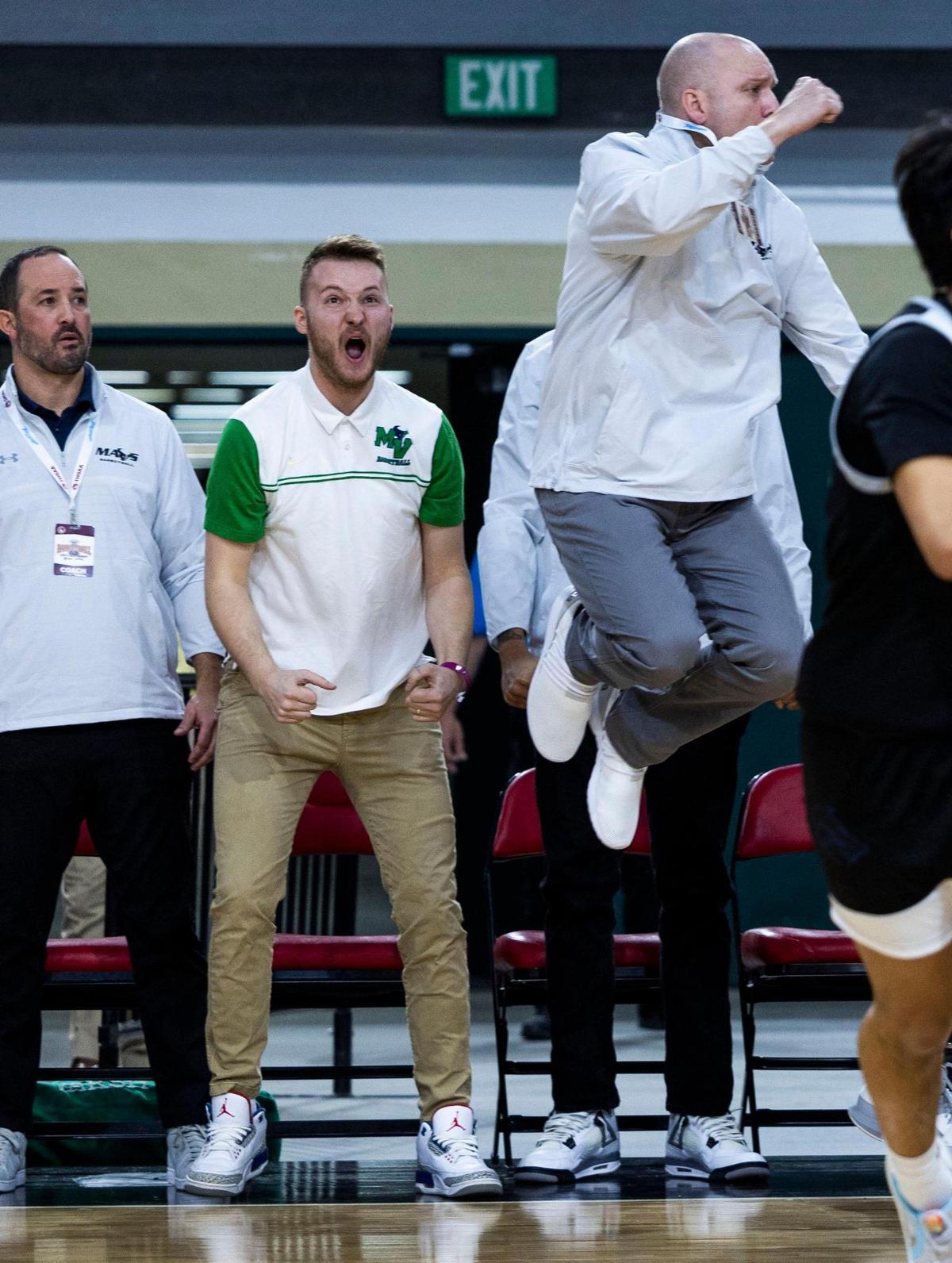 Mountain View coach Jon Nettleton gets some air after a game-winning bucket by freshman Logan Haustveit during the 2023 state tournament. 
