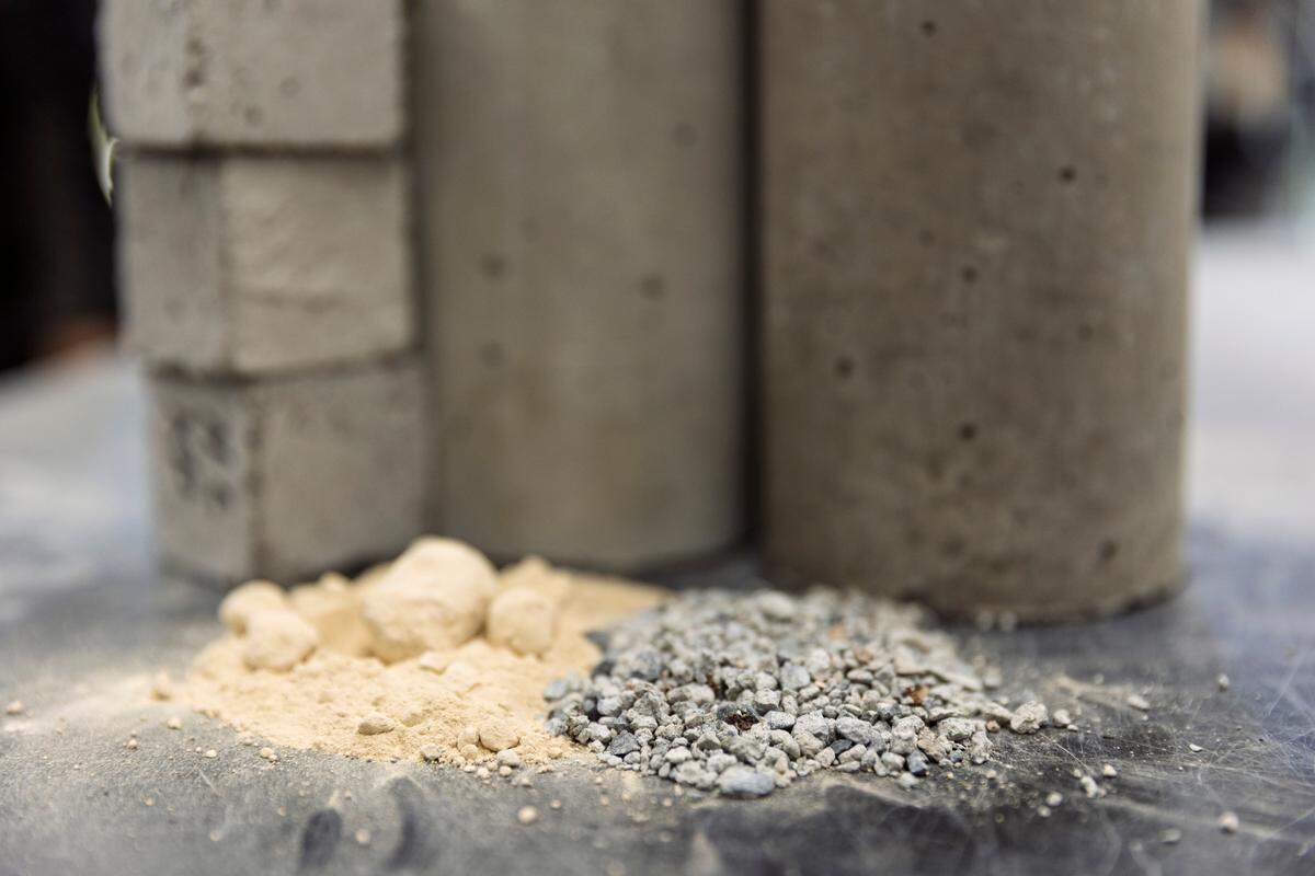 Precipitated calcium carbonate (PCC) (left) and upcycled concrete aggregate (right) are two ingredients that wake Sweetcrete a cheaper and more sustainable alternative to traditional concrete.
