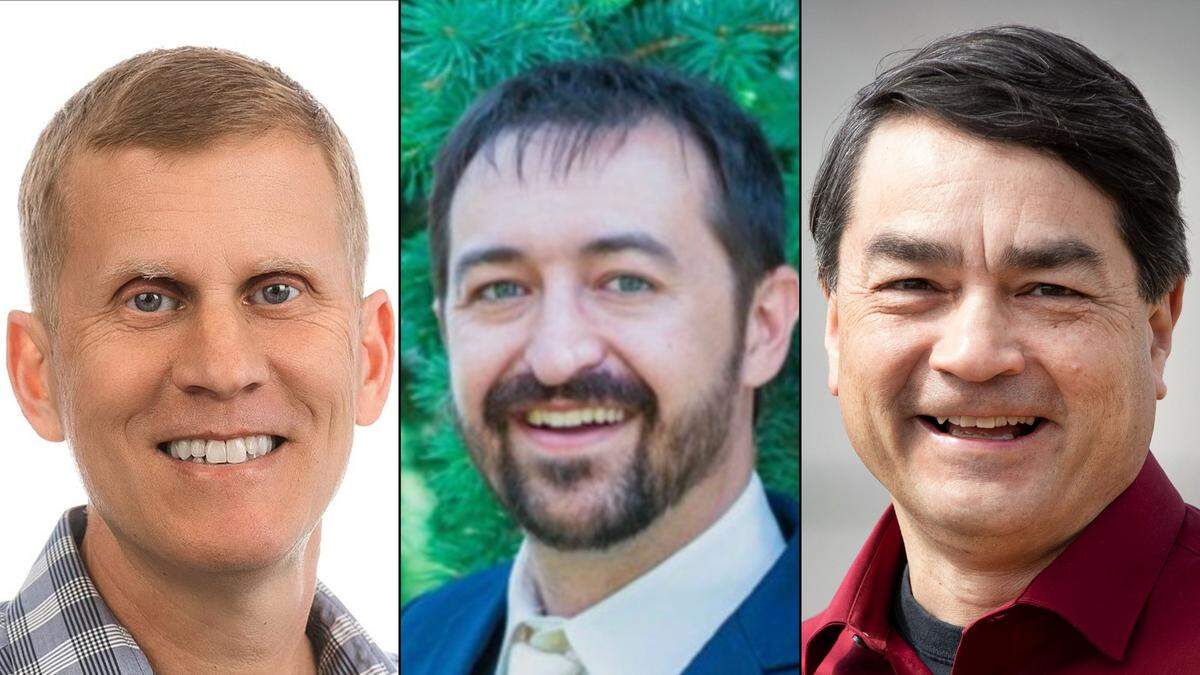 2025 candidates for trustees of the Meridian Library District include incumbent Jeff Kohler, left, Garrett Castle, middle, and Mike Hon, right, as well as Phil Reynolds, not pictured.