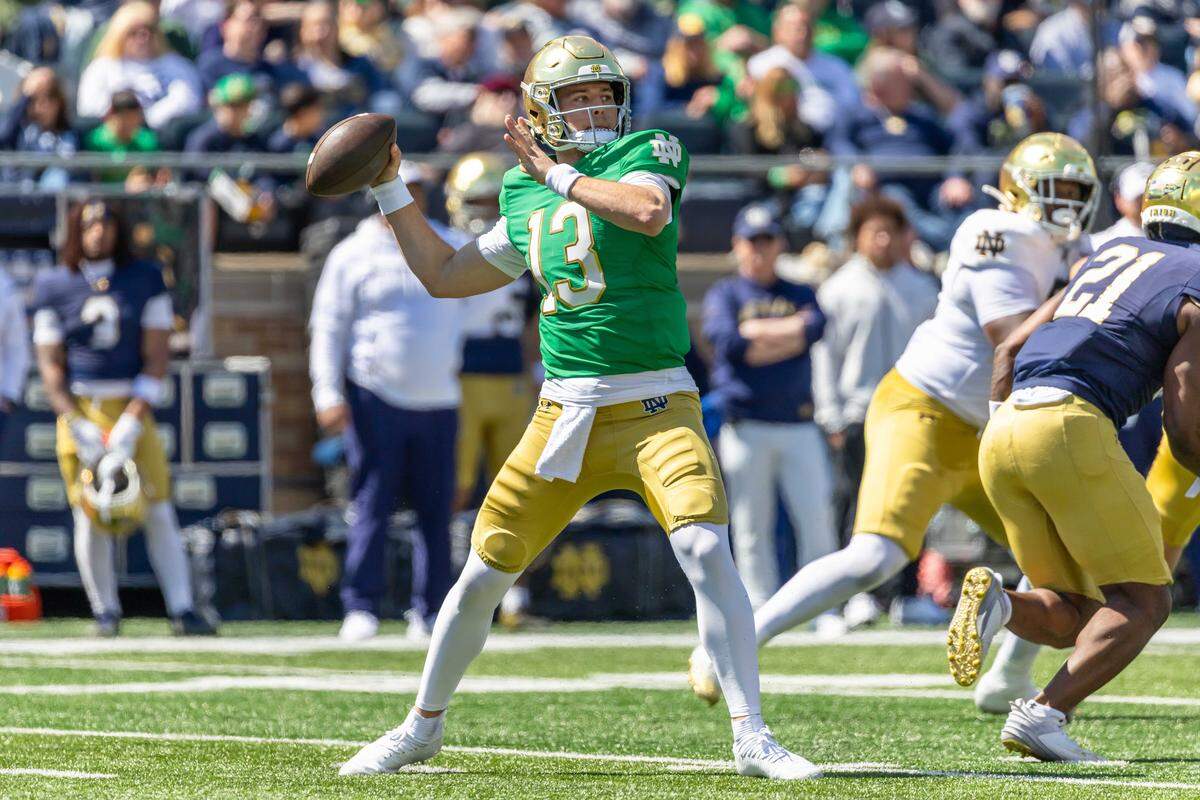 Notre Dame Fighting Irish quarterback CJ Carr throws a pass during the Blue-Gold spring game at Notre Dame Stadium.