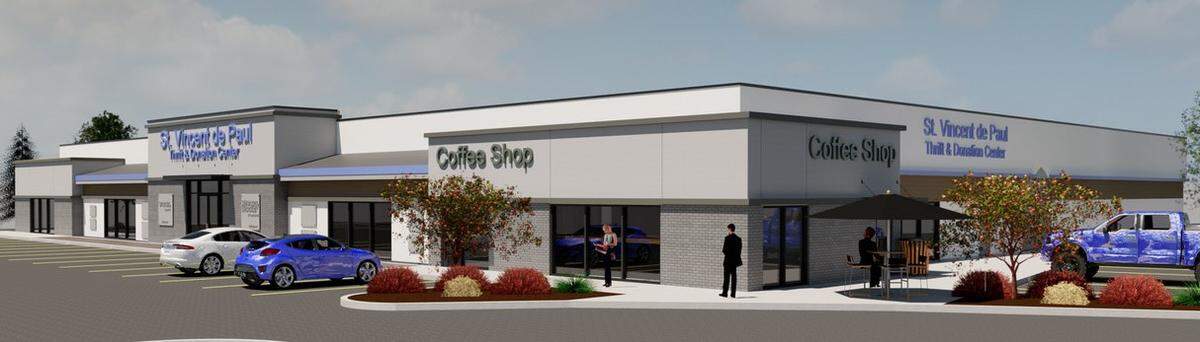 An architectural rendering of the renovation St. Vincent de Paul is planning for its thrift store at 6464 W. State St. in Boise. The renovation will cover the building’s facade, entrance, parking lot, interior, signage, lighting and restrooms.