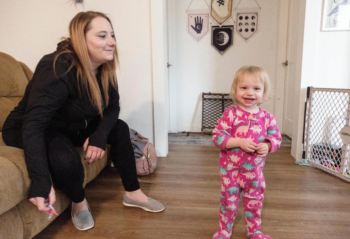 Katie Mengel’s daughter Lorelei plays in the living room of their duplex. Mengel has spent most of her life living in the Treasure Valley, but has recently moved from Boise to Garden City to Nampa.