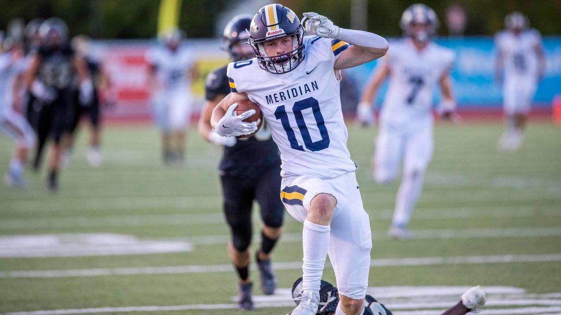 Meridian wide receiver Quentin Riley scored on a 74-yard reception in the second quarter to help the Warriors defeat Capital 35-0 on Thursday at Dona Larsen Park.