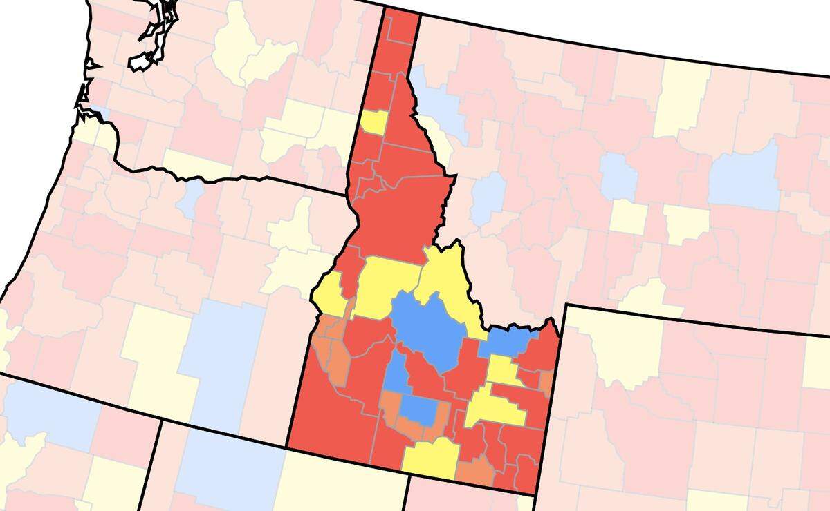 The U.S. Centers for Disease Control and Prevention’s county-by-county map of the rate of community transmission of COVID-19 on Friday. Red indicates a high transmission rate, orange a “substantial” rate, yellow a moderate rate and blue a low rate. This community-transmission map is separate from the community-levels map that the CDC uses for its coronavirus health and safety recommendations to the public.