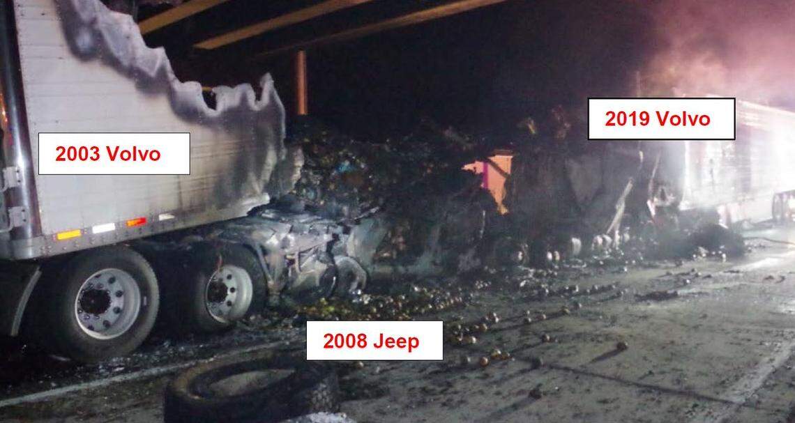 This photo was part of the National Transportation Safety Board’s report on the Interstate 84 crash that killed four people on June 16, 2018. New York truck driver Illya Tsar was at the wheel of the 2019 Volvo semitrailer. Investigators say he slammed into a line of traffic stopped on the high, first striking a Jeep. The Jeep, while still being pushed by the Volvo, then struck the back of a 2003 Volvo semi driven by Roman Zhuk, 35, of Vancouver, Washington.