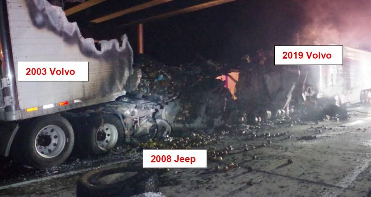 This photo was part of the National Transportation Safety Board’s report on the Interstate 84 crash that killed four people on June 16, 2018. New York truck driver Illya Tsar was at the wheel of the 2019 Volvo semitrailer. Investigators say he slammed into a line of traffic stopped on the high, first striking a Jeep. The Jeep, while still being pushed by the Volvo, then struck the back of a 2003 Volvo semi driven by Roman Zhuk, 35, of Vancouver, Washington.