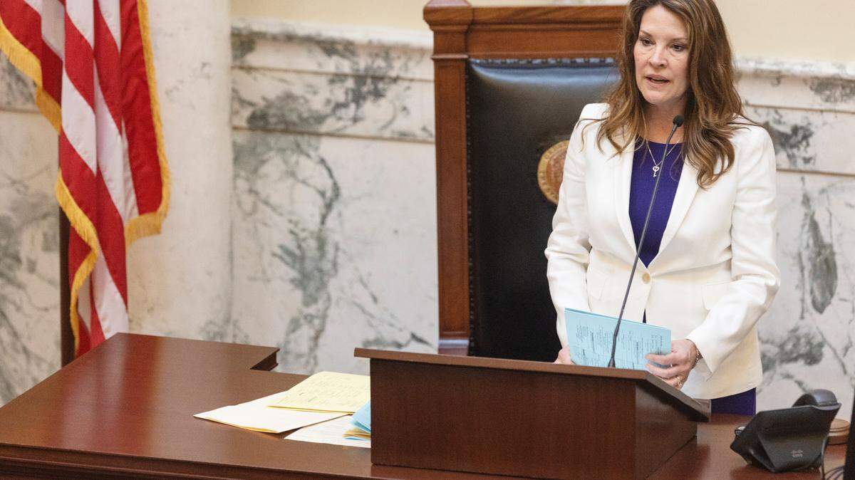 Idaho Lt. Gov. Janice McGeachin presides over the Senate session on Wednesday, March 16, 2022. Budget officials estimate McGeachin’s office will run a $22,000 deficit by the end of this fiscal year, even if she halts all vendor payments.