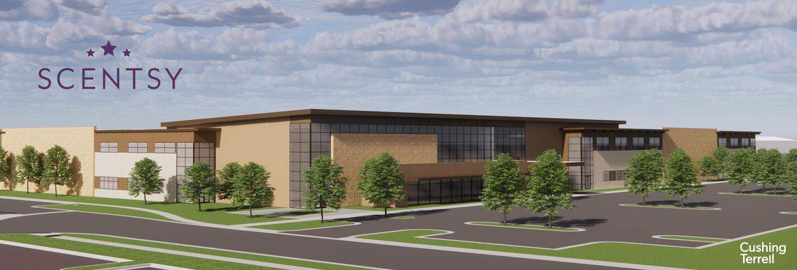 A rendering of one of the new warehouses that will be built on Scentsy’s Meridian campus.