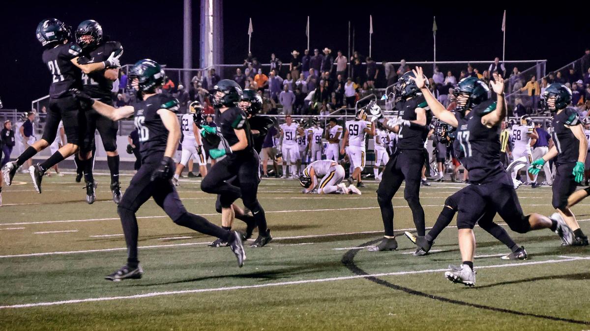 Eagle celebrates a come-from-behind, 24-23 win over 5A SIC Foothills foe Meridian on Friday at Eagle High School.