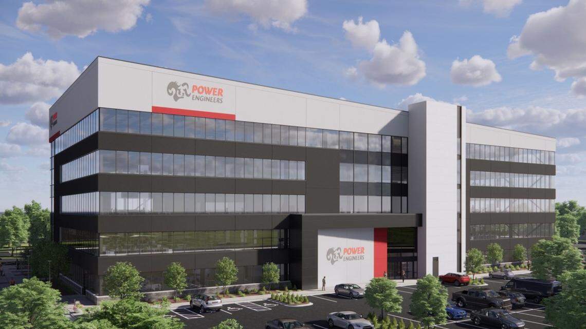 This rendering shows a future view of a new building at Ball Venture Ahlquist’s Eagle View Landing development. The south facing view shows the Power Engineers Building. Power is a global consulting engineering firm.