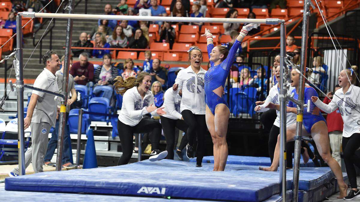 Boise State senior Emily Muhlenhaupt was just the third gymnast in program history to score 9.975 on bars when she did so as a sophomore in 2019. Now a senior, she recorded her fourth career 9.975 in the event this season in a win over Utah State.